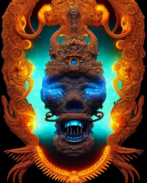 Image similar to 3 d ornate carved dark cosmic king with profile portrait, sigma 5 0 0 mm f / 5. beautiful intricate highly detailed quetzalcoatl skull. bioluminescent, plasma, lava, ice, water, wind, creature, thunderstorm! artwork by tooth wu and wlop and beeple and greg rutkowski, 8 k trending on artstation