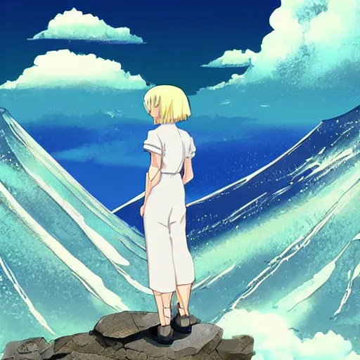 Image similar to a beautiful blond silver hair young woman standing on top of mount fuji in the style of Studio Ghibli and Makoto Shinkai