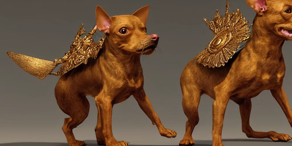 Image similar to humanoid Chihuahua + pinscher with brown fur in golden ornamented armor, ears , white particles, dark souls style, Fantasy Style, cinematic light, 35mm, ZBrush, Zdzislaw Beksinski