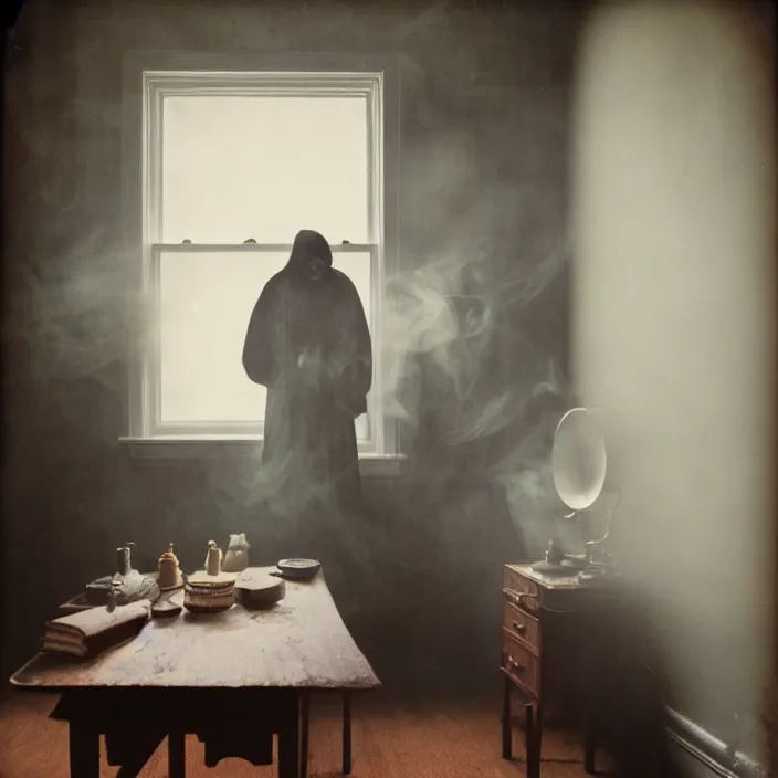 Image similar to kodak portra 4 0 0, wetplate, fisheye, award - winning portrait by britt marling, 1 9 2 0 s kitchen room, ghost, picture frames, shining lamps, dust, smoke, 1 9 2 0 s furniture, wallpaper, carpet, books, muted colours, wood, fog,