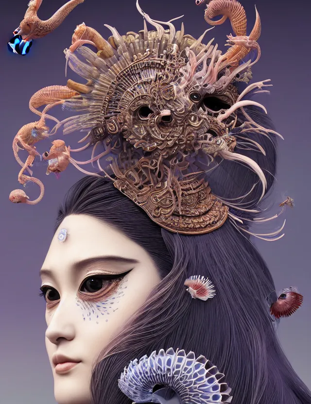 Image similar to 3 d goddess close - up profile portrait with crown, ram skull. beautiful intricately detailed japanese crow kitsune mask and clasical japanese kimono. betta fish, jellyfish phoenix, bio luminescent, plasma, ice, water, wind, creature, artwork by tooth wu and wlop and beeple and greg rutkowski