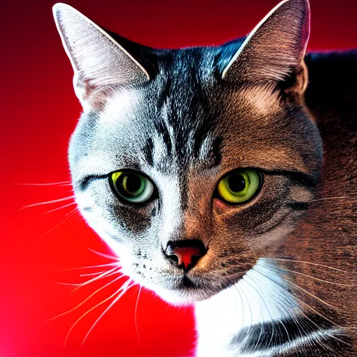 Image similar to metallic cat with red glowing eyes, dramatic lighting, studio photo, 4k, photorealistic, film grain, inspired by the terminator