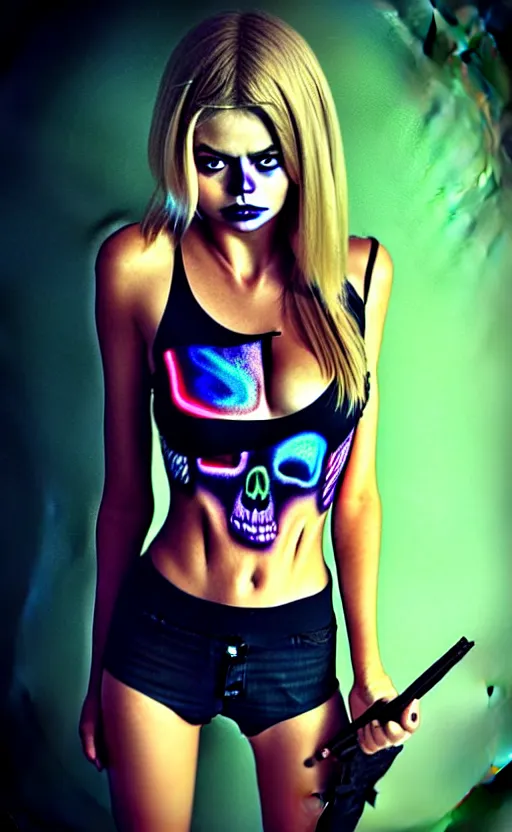 Image similar to in the style of artgerm, Samara Weaving with skull paint on her face, holding a shotgun, standing in a dark alley, night, neon