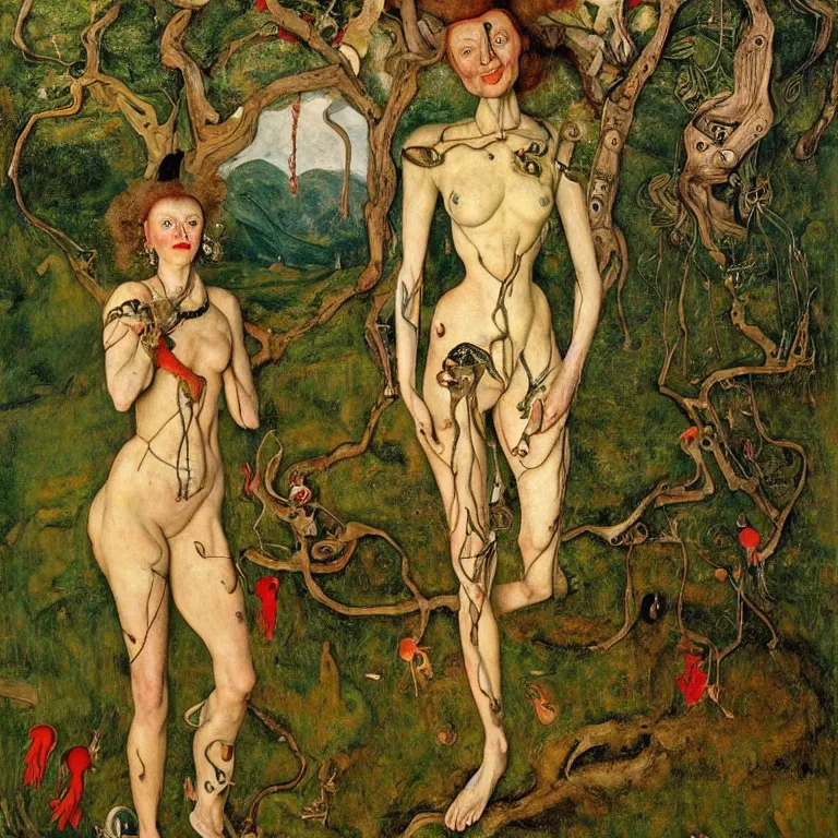 Image similar to a healthy grinning dryad lady, who looks like a cybernetic alien stands pround in the middle of a river valley. around her are tropical birds and orchids. painted by jan van eyck, egon schiele and max ernst, trending on artstation, 8 k, award winning, high octane