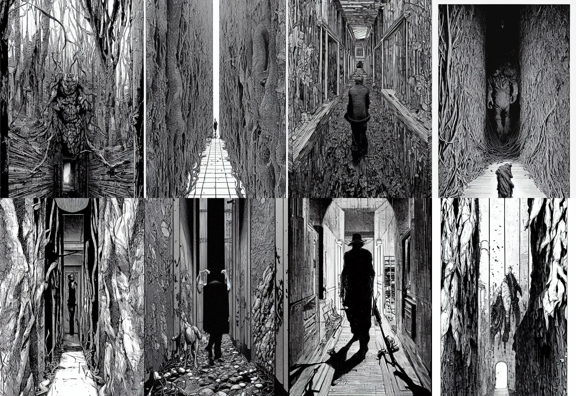 Prompt: a giant man walks in an old wood corridor, 2 meters, black and white illustration, by james jean and wayne barlowe and moebius