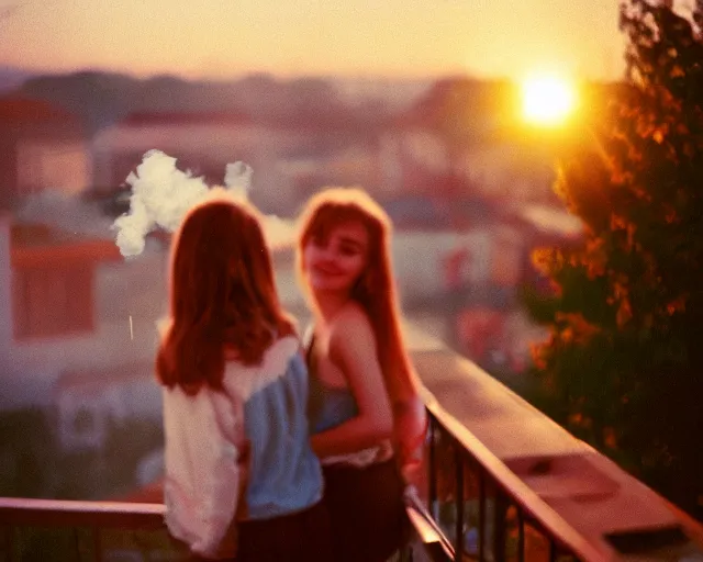 Image similar to lomo photo of pair standing on small hrushevka balcony full with cigarette smoke in small russian town looking at sunset, cinestill, bokeh