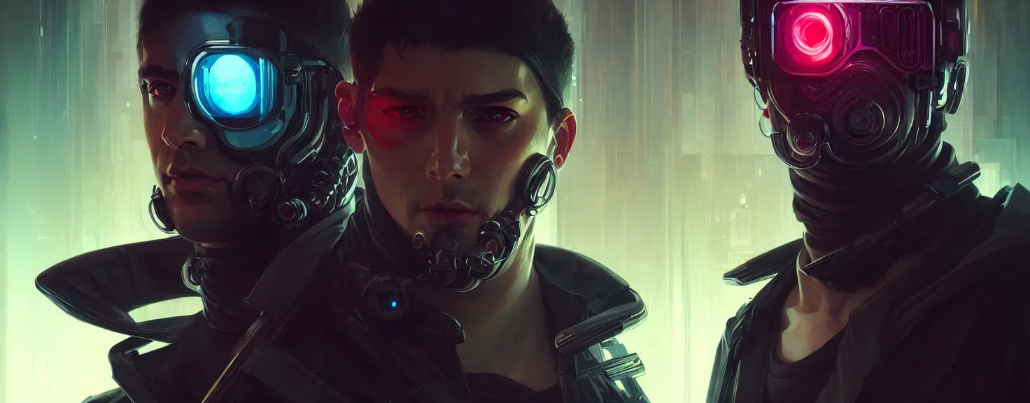 Image similar to Hacker cyberpunk man portrait, highly detailed, digital painting, artstation, concept art, smooth, sharp focus, illustration, art by artgerm and greg rutkowski and alphonse mucha