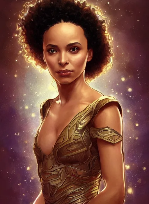 Image similar to full figure ultra realistic illustration, madeleine mantock from charmed second tv show, as marvel enchantress, intricate, elegant, highly detailed, digital painting, artstation, concept art, smooth, sharp focus, illustration, art by artgerm and greg rutkowski and alphonse mucha