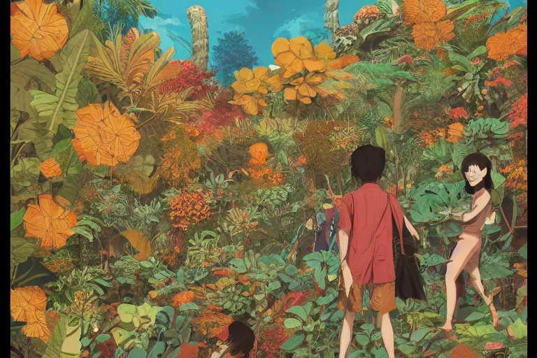 Image similar to 2 d gouache illustration, a lot of exotic vegetation, trees, many many many human heads, flowers, oldschool vintage sci - fi flat surreal design, super - detailed, painting by satoshi kon, hd, 4 k, high quality