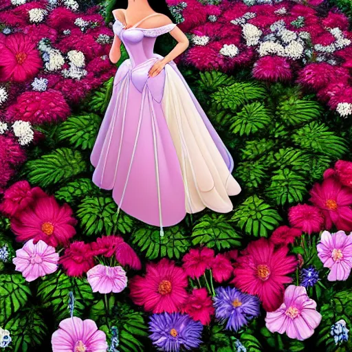 Image similar to a disney cartoon illustration of miranda kerr as sleeping beauty, dynamic lighting, 4 k hdr, hyper realistic, pretty face, in a forest flower garden, smiling