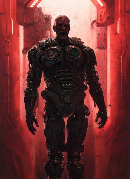 Image similar to robert englund as victor stone, full body concept, cyborg, borg, strogg, face of a man, terminator, flesh, quake strogg, doom demon, wolfenstein, monstrous, powerful, symmetry, symmetrical, concept art by ruan jia and greg rutkowski