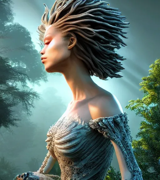 Image similar to beauteous practical sumptuous biomechanical with incredible hair, projected ray traced oled retinal overlays, crystalline masterpiece incrustations, hyperdetailed face, elegant pose, movie still, intricate, octane render, cinematic forest lighting, cgsociety, unreal engine, crepuscular rays, god rays