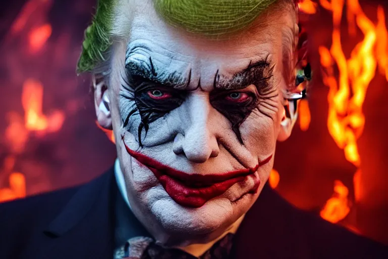 Prompt: donald trump wearing makeup like The Joker, standing in hell surrounded by fire and flames and bones and brimstone, portrait photography, depth of field, bokeh