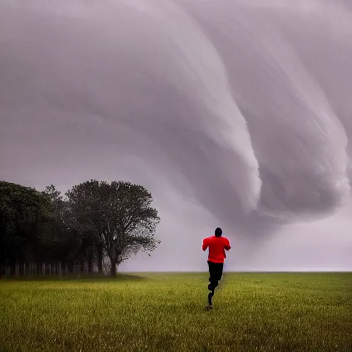 Image similar to man running from the stormy clouds by Magnum Photos, clean, detailed, award winning