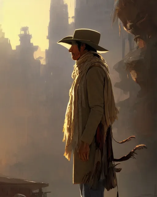 Prompt: the shadow, native American scarf, beige cowboy hat, western jacket and a bokeh western town background, highly detailed, hard light digital painting, artstation, concept art, sharp focus, illustration, inspired by greg rutkowski and alphonse mucha