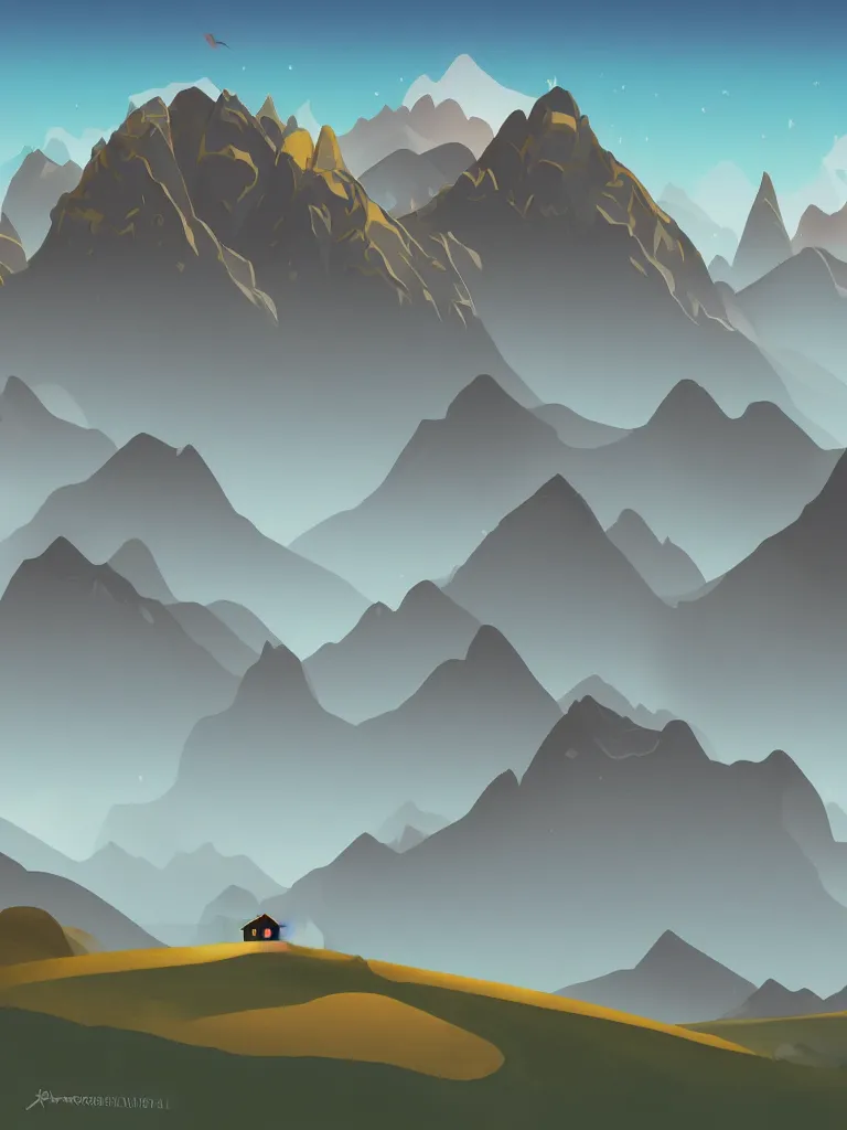 Prompt: surreal mountains with little house on top. vector by disney concept artists, blunt borders, rule of thirds