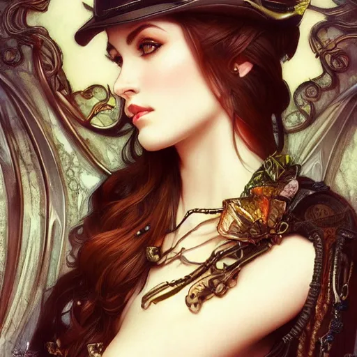 Prompt: a photograpic portrait of a pretty woman, steampunk, fantasy, intricate, elegant, highly detailed, digital painting, artstation, concept art, smooth, sharp focus, illustration, art by artgerm and h r giger and alphonse mucha