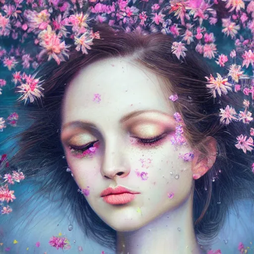 Prompt: a surreal oil painting of a woman portrait her face covered by ice breaking through blooming flowers, her hair covered by fantasy mystic flowers fantasy conceptual art, sharp focus, trending on artstation, hyperdetailed, 4 k, illustration