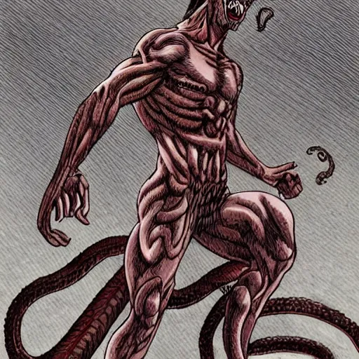 Image similar to a male naga, serpent body, kentaro miura art style