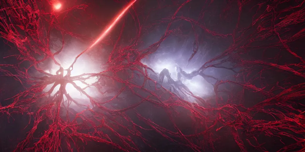 Image similar to A dark red neurological network spanning across the galaxy, blood, realistic heart in the centre, realistic 4k octane beautifully detailed render, 4k post-processing, highly detailed, intricate complexity, epic composition, magical atmosphere, cinematic lighting, masterpiece, ultra hd