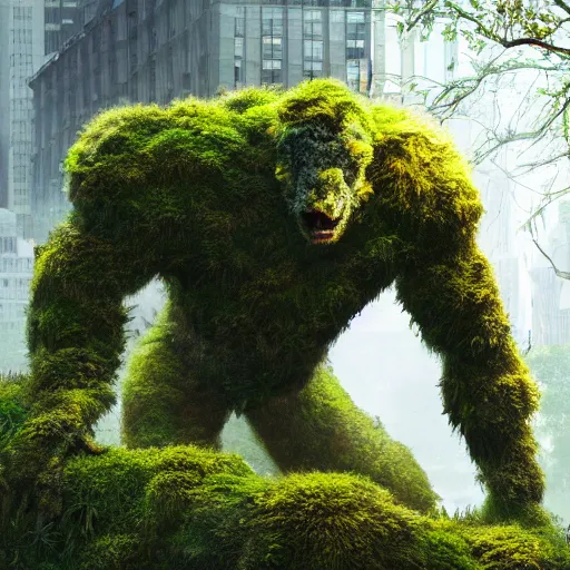 Prompt: a giant monster made of moss and flowers in New York, cinematic, photo realistic, concept art, well detailed, 8k