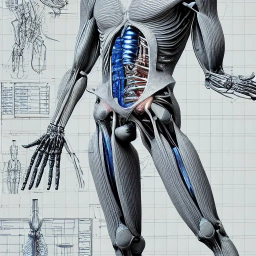 Image similar to detailed and intricate design of a full body of human anatomy, 3 d design, great finesse organic hyper detailed, engineering blueprints, technical drawings, calculus, stained paper, hyperrealistic, ultra detailed, 4 k, octane render, unreal engine