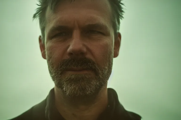 Prompt: a cinematic perfectly lit headshot portrait of an emotional middle aged male stood in a fog filled field, a neon light shines in the distance, ultra realistic, depth, beautiful lighting