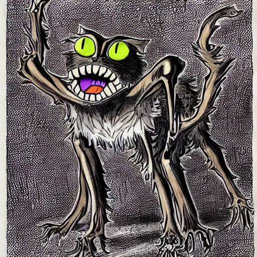 Prompt: an undead cat with spider legs coming out of its mouth. it has multiple eyes, by kentaro miura