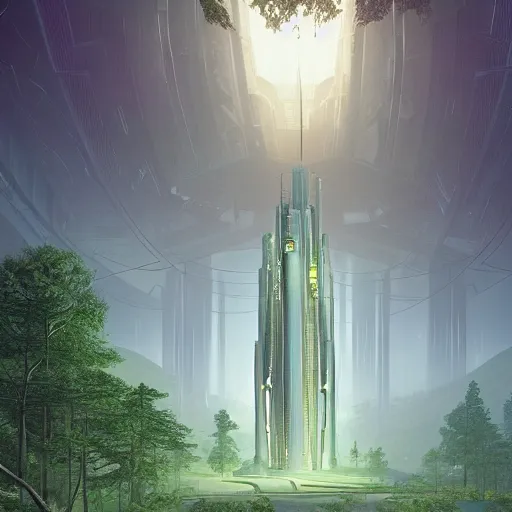 Image similar to futuristic temple tower between green hills with big trees, multiple planets, dramatic lighting, artstation, matte painting, raphael lacoste, simon stalenhag, frank lloyd wright