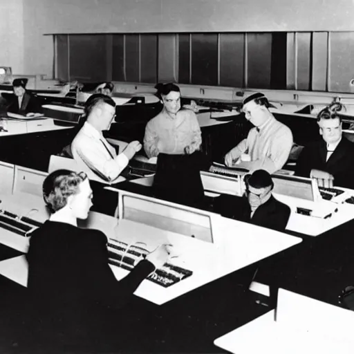 Prompt: computer scientists in a secret government lab 1 9 4 8 developing the first supercomputer