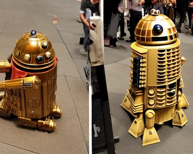 Prompt: C-3P0 attacked by a Dalek