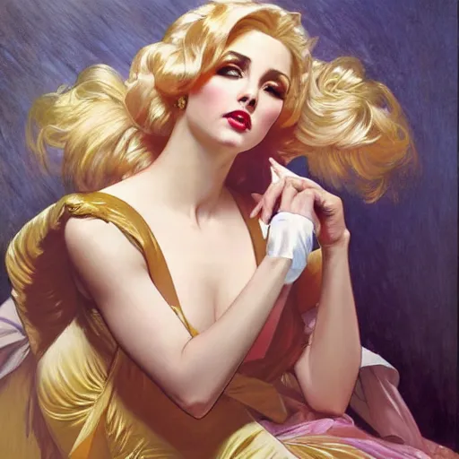 Image similar to painting of a glamorous blonde opera singer performing, highly realistic painting, art by artgerm and greg rutkowski and alphonse mucha, boris vallejo