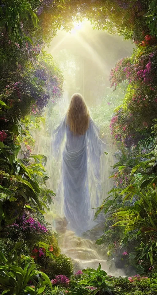 Prompt: long shot of a bright sun shining through a gardens in the bay interior, mystical woman wearing a cloak walking in over grown botanical garden, elaborate silk fabric design, pre raphaelite, atmospheric, ground mist, waterfalls, light streams, style of gardens in the bay singapore, art by artgerm, sharp, intricate detail,