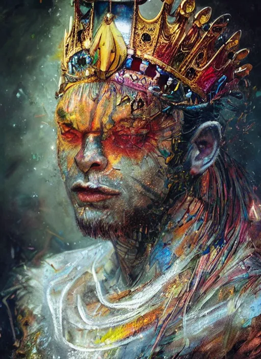 Image similar to a humanoid king tiger with a crown, atmospheric beautiful by stanley artgerm, tom bagshaw, arthur adams, carne griffiths, trending on deviant art, street art, chillwave, maximalist, full of color, glittering, 8 k, hd