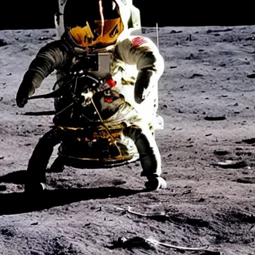 Prompt: penguin wearing spacesuit helmet, standing next to the Apollo lunar lander module, on the lunar surface. TV footage