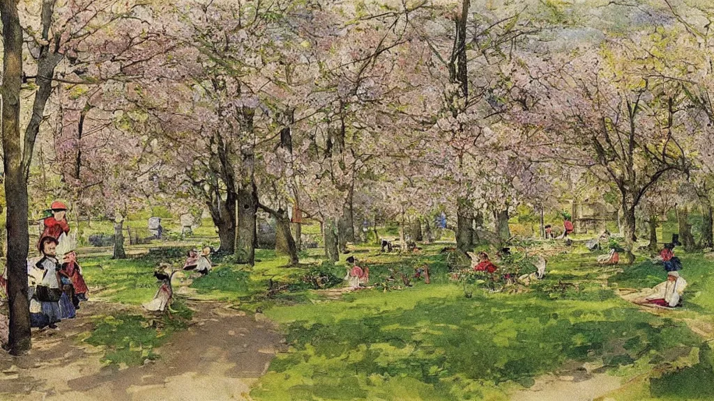 Image similar to gorgeous painting of a park in spring by carl larsson