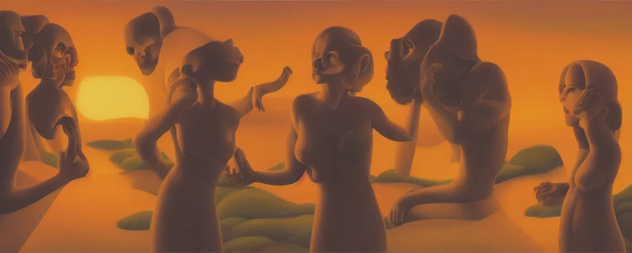 Prompt: Paradise, Soul-eating angels satisfy their hunger, sunset lighting, in the style of George Tooker