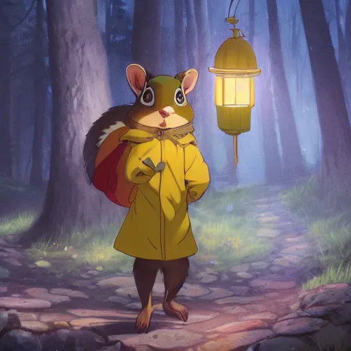 Image similar to concept art painting of an anthropomorphic anime chipmunk wearing a yellow cloak, holding a lantern, in the deep forest, realistic, detailed, cel shaded, in the style of makoto shinkai and greg rutkowski and james gurney