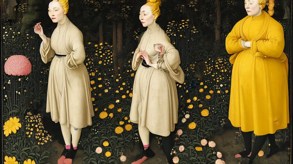 Prompt: portrait of a curvy woman with yellow hair buns, wearing a black raincoat and leggings, standing in a garden full of plants and flowers, intricate details, high detail, in the style of rogier van der weyden and jacopo da pontormo, punk, asian art,