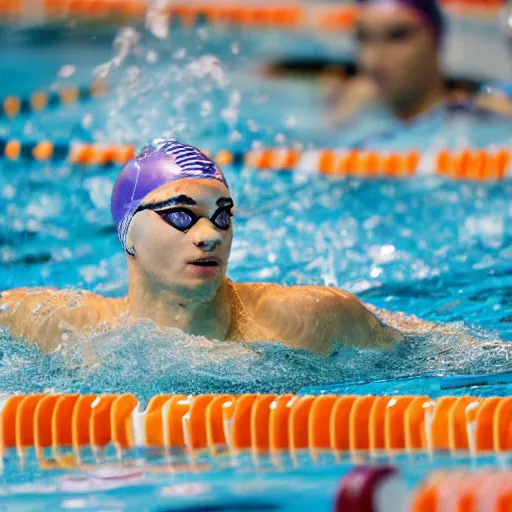 Prompt: college male athletes at swim meet