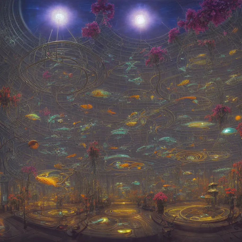 Image similar to fish eye lens a bright minimalist bioluminescent oil painting by donato giancola, warm coloured, cinematic scifi luxurious futuristic foggy steam filled victorian garden mall interior with microscopy radial windows flowers growing out of pretty bulbous ceramic fountains, gigantic pillars and flowers, maschinen krieger, beeple, star trek, star wars, ilm, atmospheric perspective