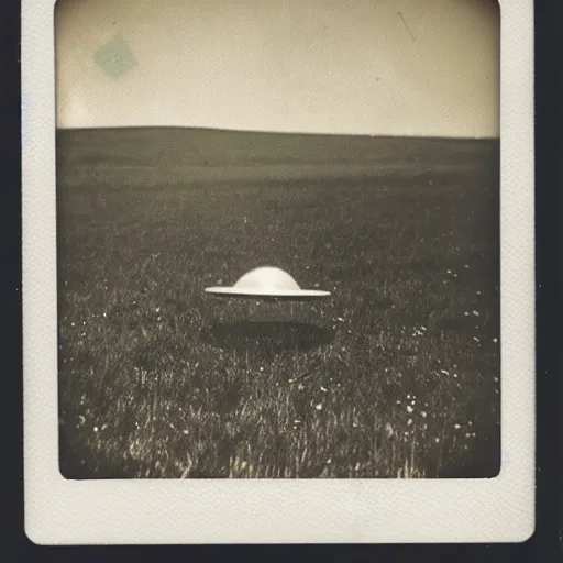 Prompt: old polaroid depicting a ufo, at a clearing, at dawn