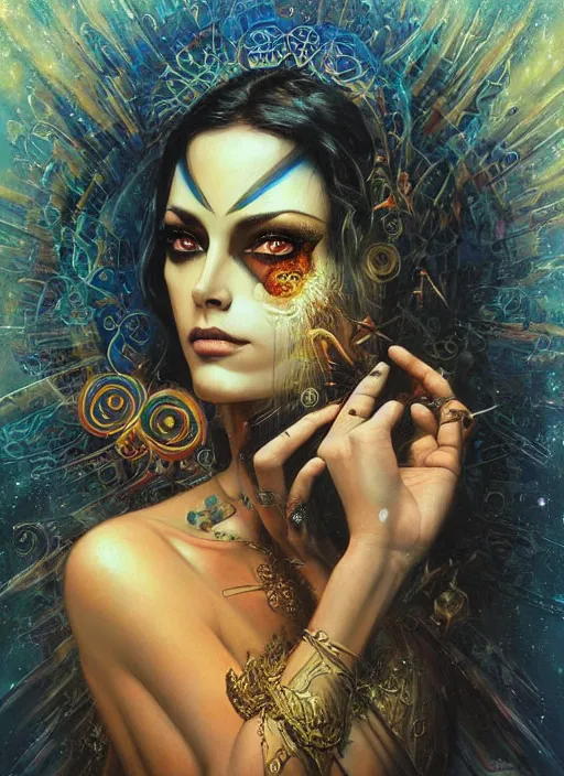 Prompt: magic enlightened cult psychic lovable woman, painted face, third eye, energetic consciousness psychedelic, epic surrealism expressionism symbolism, by karol bak, masterpiece