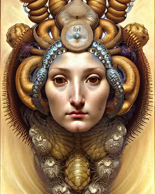 Image similar to hyperrealistic detailed face portrait of the beautiful goddess of the giant isopods with an intricate golden ornamental geometrical fractal giant isopod masked headdress, art by ernst haeckel, john william godward, android jones, alphonso mucha, h. r. giger, gothic - cyberpunk, ornamental, dimmed pastel colours,