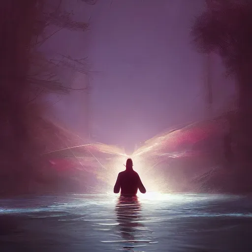 Prompt: digital painting of a man transforming into a radiant entity above a river, light, levitating, at night, stunning, cinematic lighting, concept art by greg rutkowski and simon stalenhag and wlop, artstation