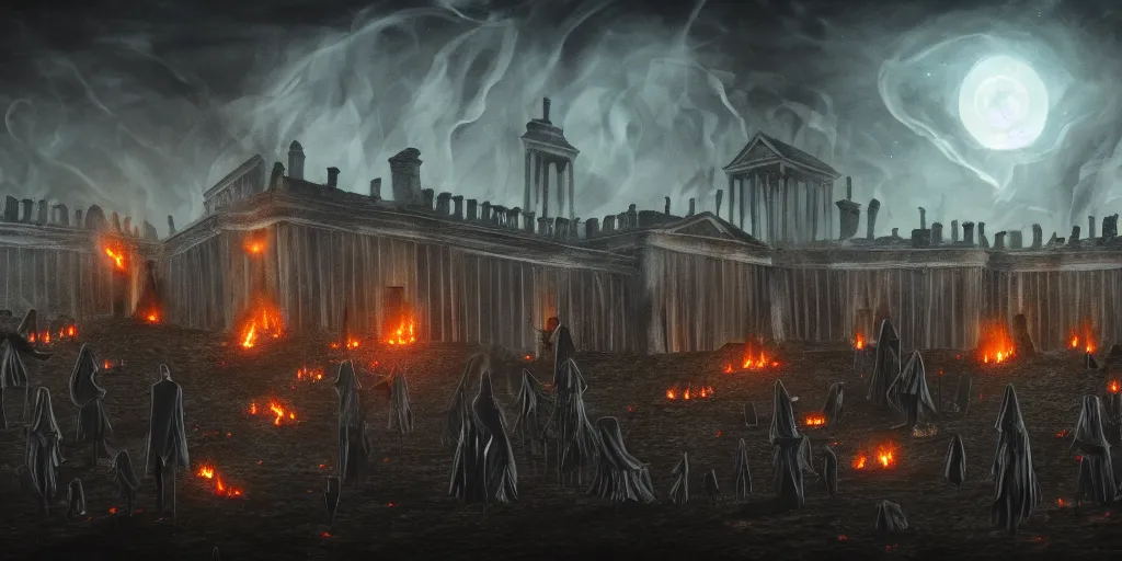 Prompt: coven of witches gathered on the roof of the burnt remains of the white house, performing a ritual to call lovecraftian aliens down from the night sky, wide shot, concept art, smooth, high quality, 4 k