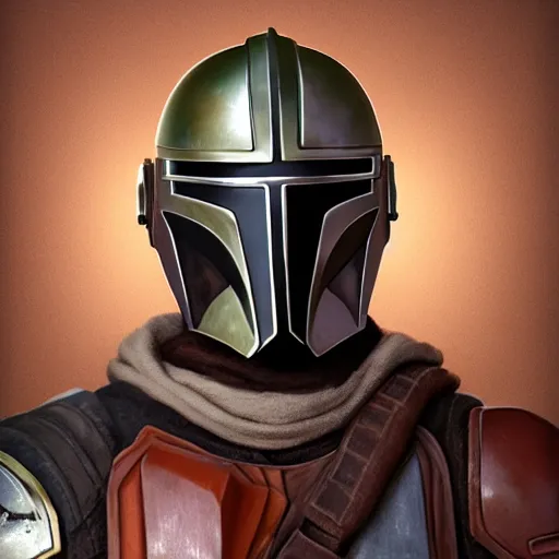 Image similar to Portrait of a man with brown hair and beard smiling in Mandalorian armor, digital art, realistic, artstation, detailed