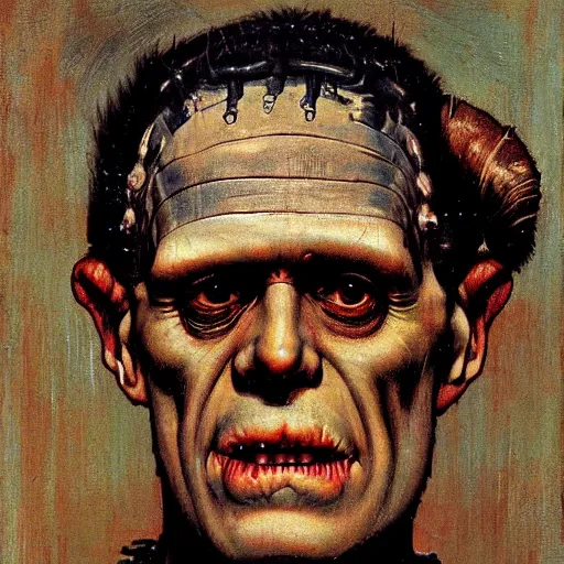 Prompt: Frontal portrait of a frankenstein. A portrait by Norman Rockwell.