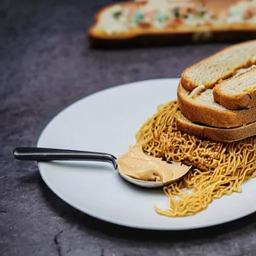 Prompt: obese cat sitting next to a slice of peanut butter toast with indomie mi goreng noodles on top, gourmet,