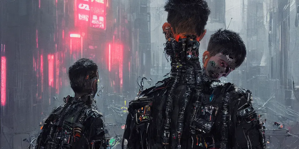 Image similar to detailed portrait Neon guard boy with short dark hair seen from the back, cyberpunk futuristic, reflective puffer jacket, black leggings, decorated with traditional ornaments in front of a dystopian crowd with piles of garbage by Ismail inceoglu dragan bibin hans thoma, Perfect face, fine details, realistic shaded, fine-face, pretty face